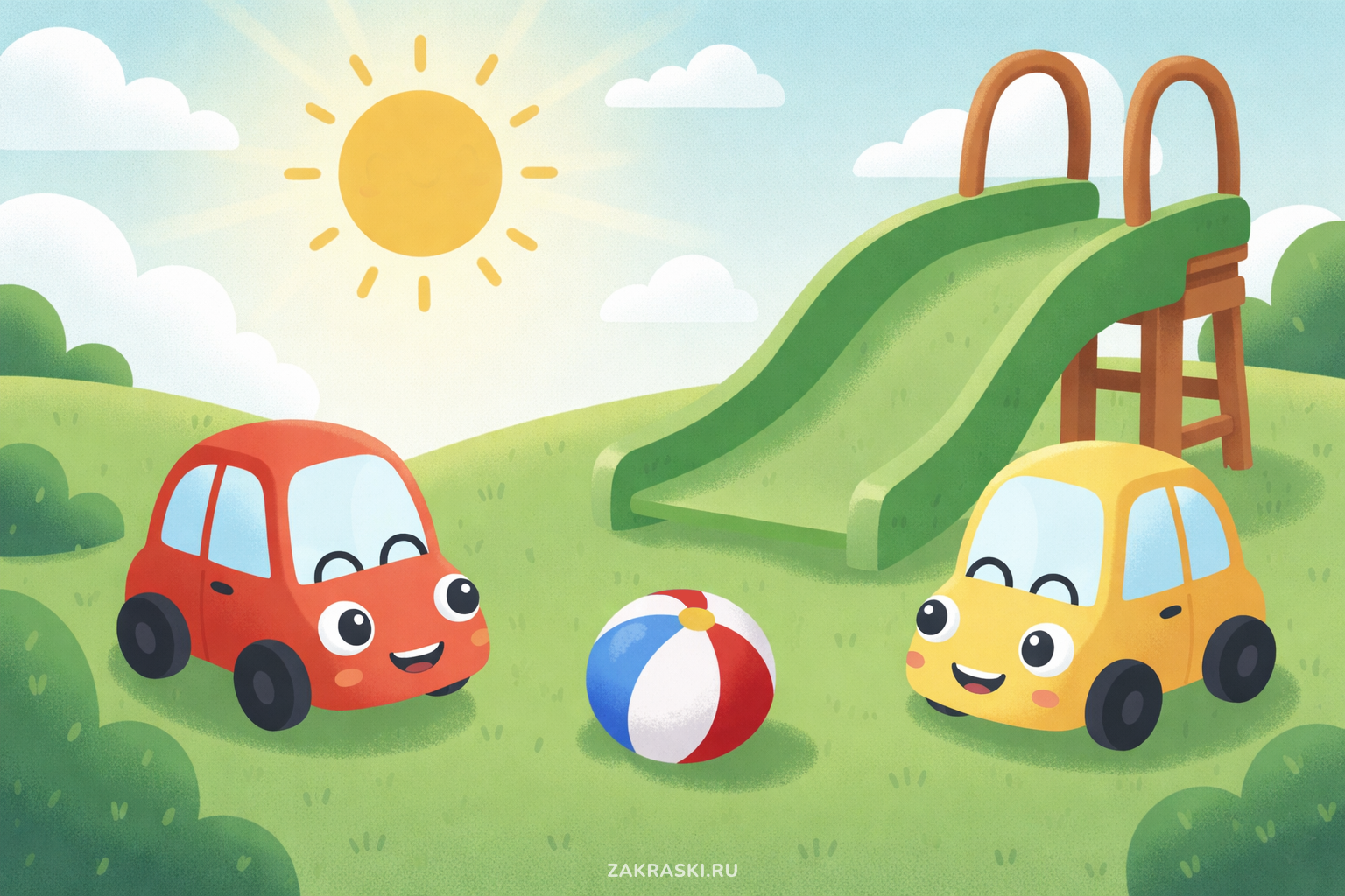 Маленькие машинки играют с мячиком
